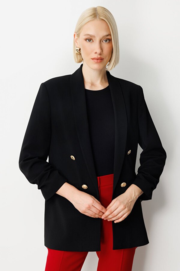 Kadın Kolu Büzgülü Kapak Cepli Ceket 5001 Siyah