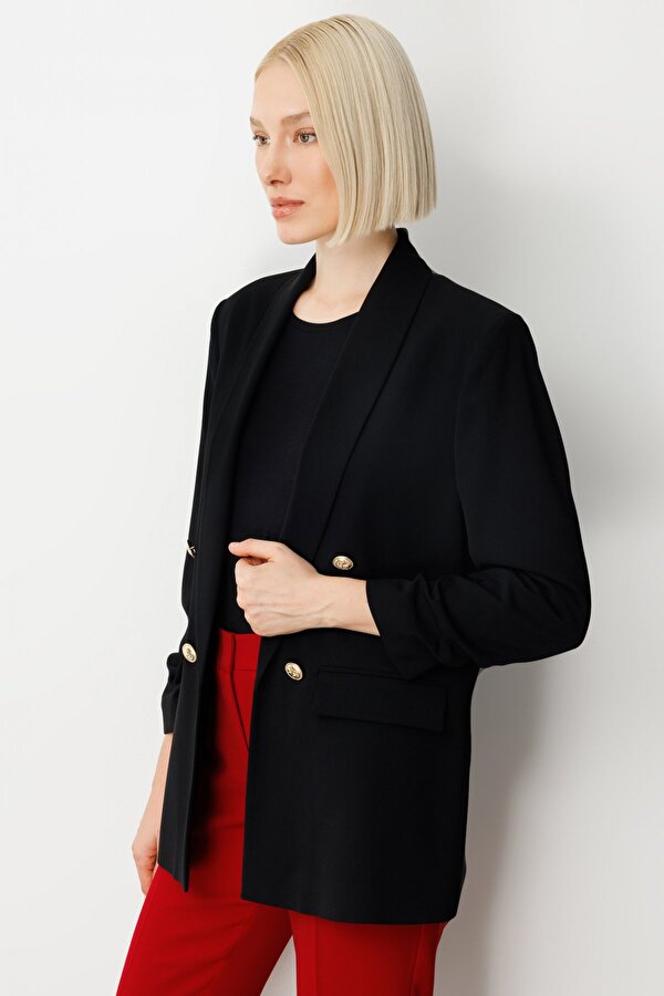 Kadın Kolu Büzgülü Kapak Cepli Ceket 5001 Siyah