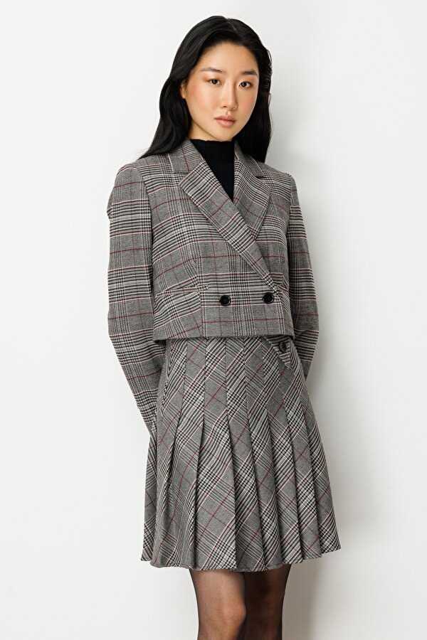 Kadın Ekoseli Crop Ceket 5075 Siyah