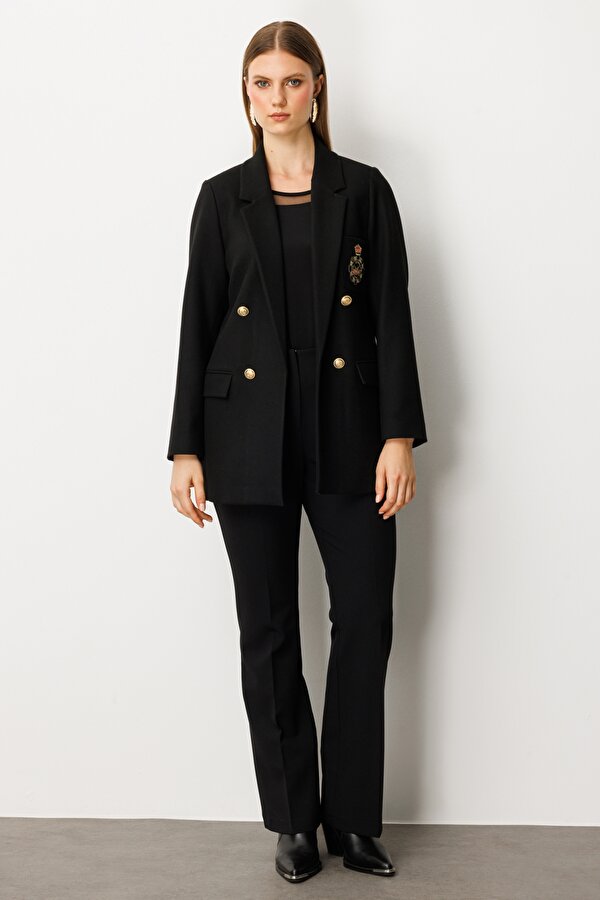 Kadın Büyük Beden Cebi Armalı Ceket 5571 Siyah