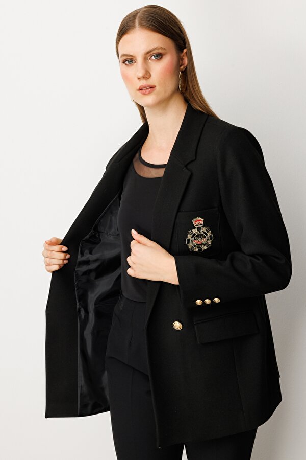 Kadın Büyük Beden Cebi Armalı Ceket 5571 Siyah