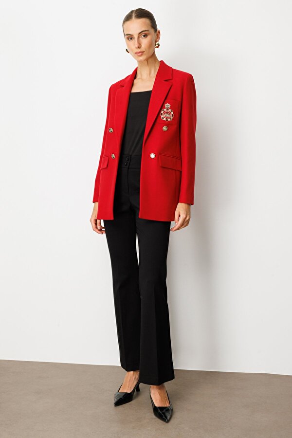 Kadın Önü Armalı Kapak Cepli Kaşe Ceket 5071 Kırmızı