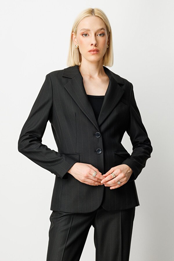 Kadın Çizgili Kapak Cepli Ceket 5127 Siyah