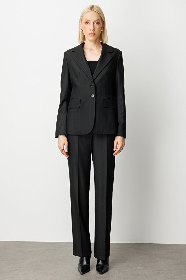 Kadın Çizgili Kapak Cepli Ceket 5127 Siyah