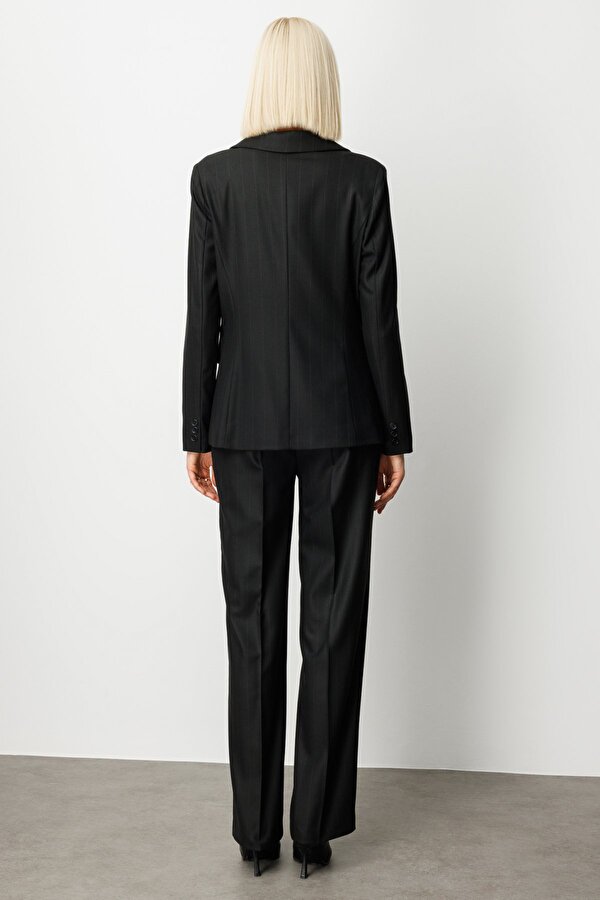 Kadın Çizgili Kapak Cepli Ceket 5127 Siyah