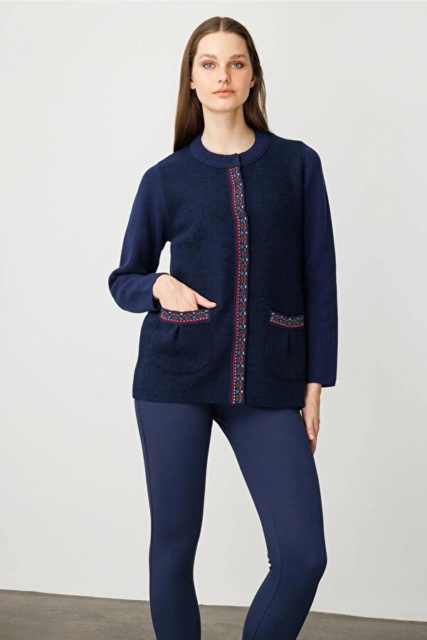 Kadın Sıfır Yaka Önü Keçe Kısa Yün Ceket 25018 Y.A. Lacivert