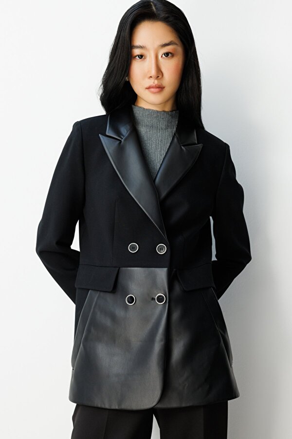 Kadın Suni Deri Detaylı Düğmeli Ceket 5093 Siyah