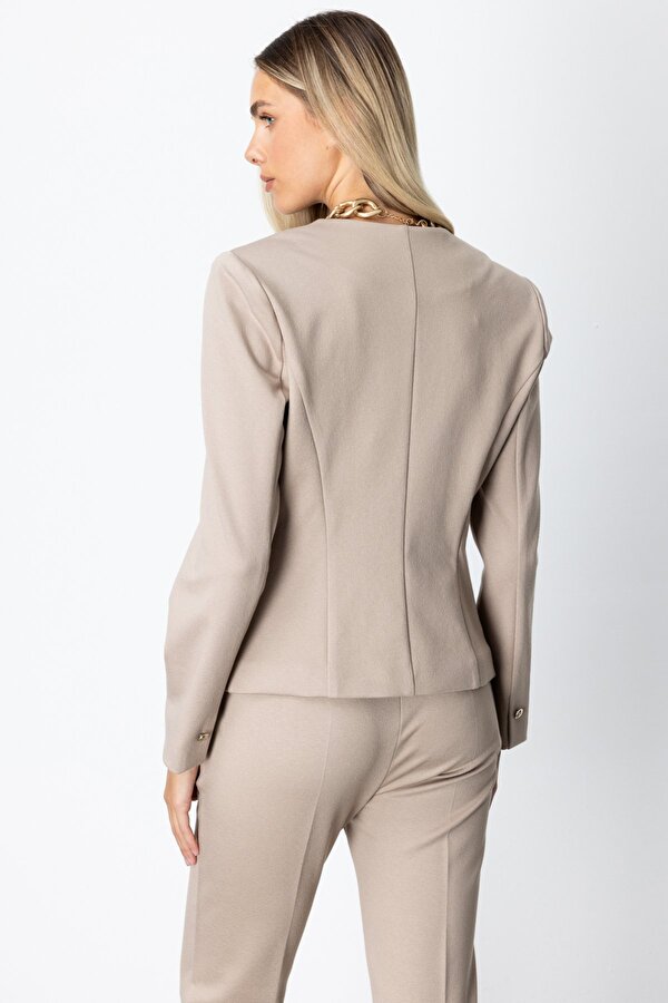 Kadın Tek Düğme Süs Kapak Cepli Ceket 5141 Vizon