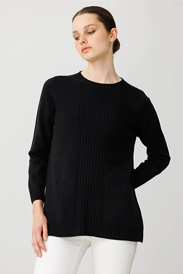 Kadın Sıfır Yaka Önü Çizgili Örgü Kazak 25250 Siyah