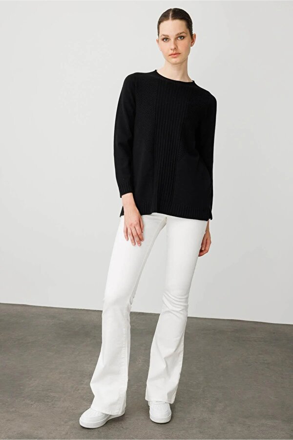 Kadın Sıfır Yaka Önü Çizgili Örgü Kazak 25250 Siyah