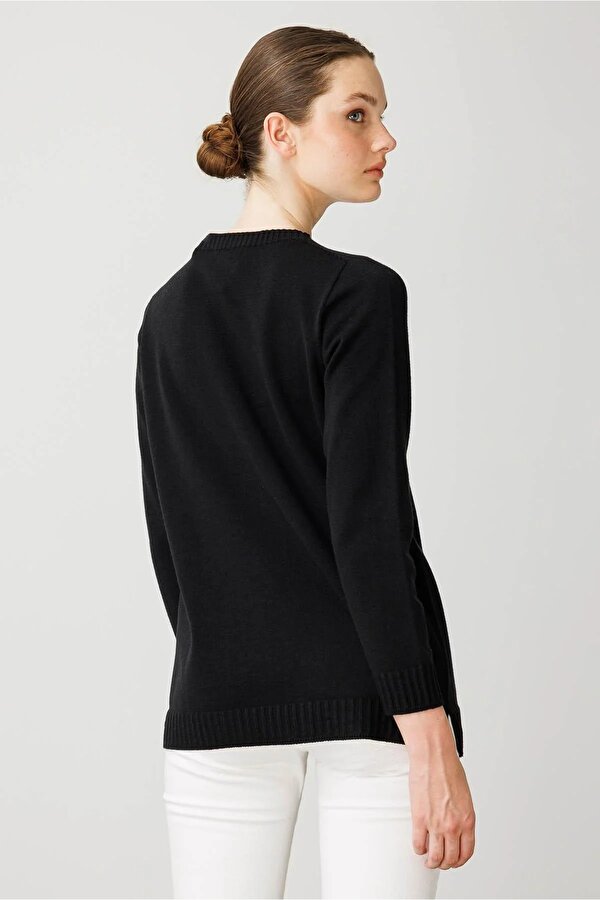 Kadın Sıfır Yaka Önü Çizgili Örgü Kazak 25250 Siyah