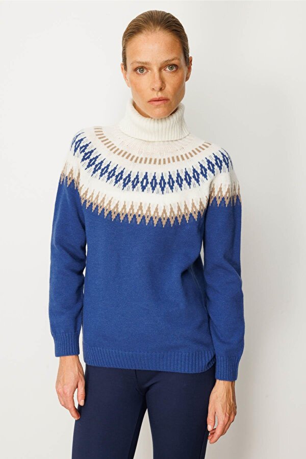 Kadın Tam Balıkçı Yaka Robası Baklavalı Yün Kazak 25219 Mavi