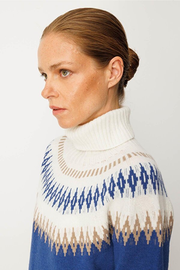 Kadın Tam Balıkçı Yaka Robası Baklavalı Yün Kazak 25219 Mavi