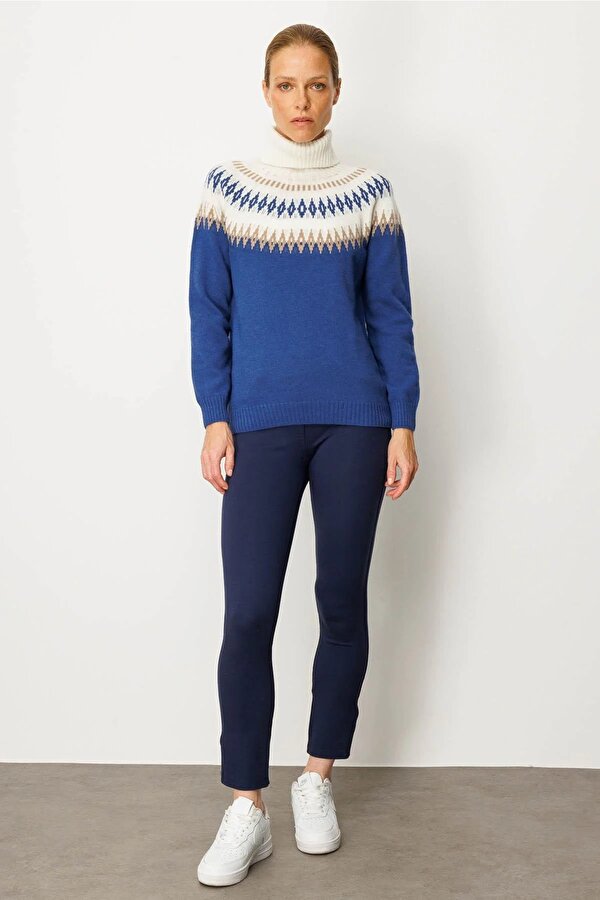 Kadın Tam Balıkçı Yaka Robası Baklavalı Yün Kazak 25219 Mavi