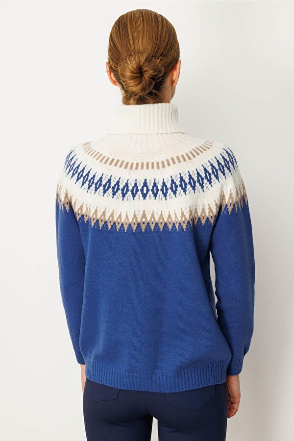 Kadın Tam Balıkçı Yaka Robası Baklavalı Yün Kazak 25219 Mavi