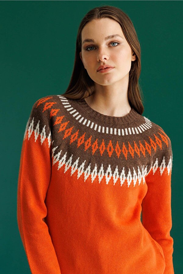 Kadın Sıfır Yaka Robası Baklavalı Yün Kazak 25218 Portakal