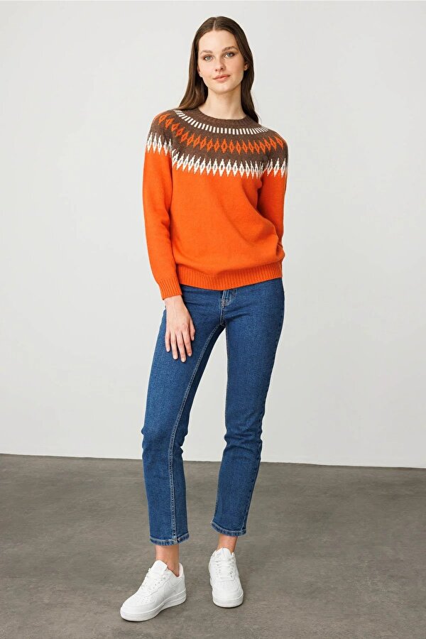 Kadın Sıfır Yaka Robası Baklavalı Yün Kazak 25218 Portakal