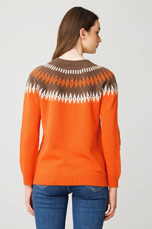 Kadın Sıfır Yaka Robası Baklavalı Yün Kazak 25218 Portakal