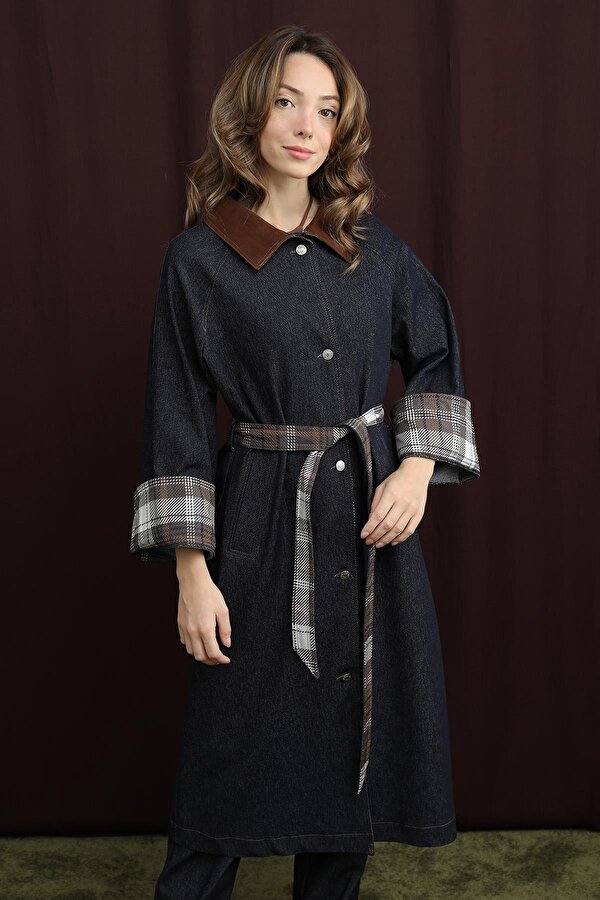 Kadın Ekose Detaylı Denim Trenç Mont  - 32393TRCT