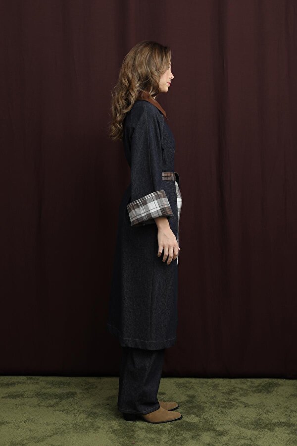 Kadın Ekose Detaylı Denim Trenç Mont  - 32393TRCT