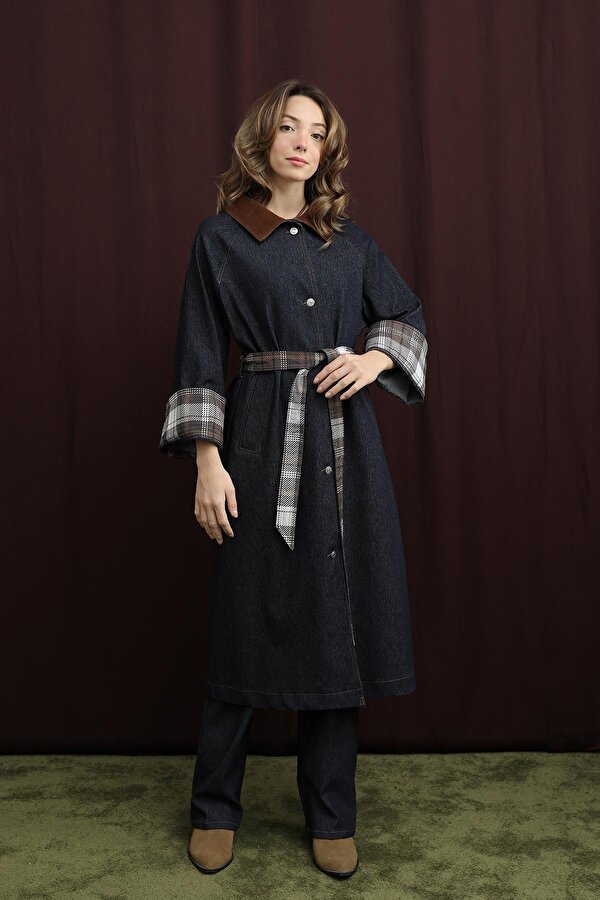 Kadın Ekose Detaylı Denim Trenç Mont  - 32393TRCT