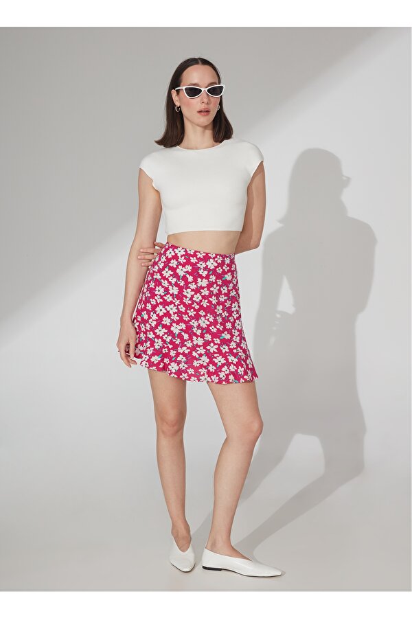 Yüksek Bel Fuşya Kadın Desenli Mini Etek ATTOCK-2