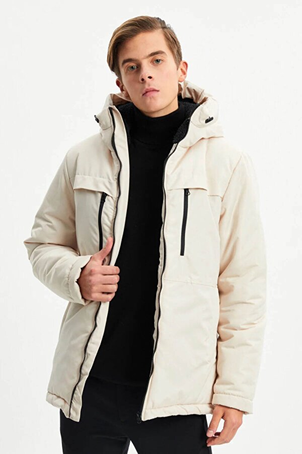 İçi Astarlı Su ve Rüzgar Geçirmez Cepli Kapüşonlu Erkek Mont