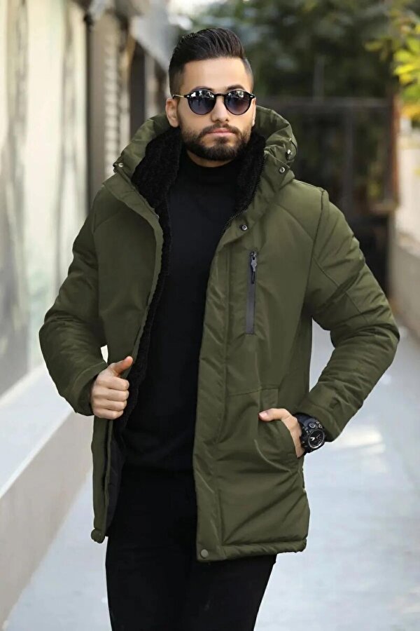 İçi Astarlı Su ve Rüzgar Geçirmez Cepli Kapüşonlu Erkek Mont