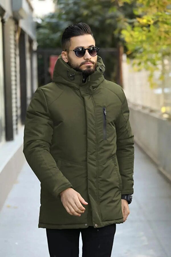 İçi Astarlı Su ve Rüzgar Geçirmez Cepli Kapüşonlu Erkek Mont