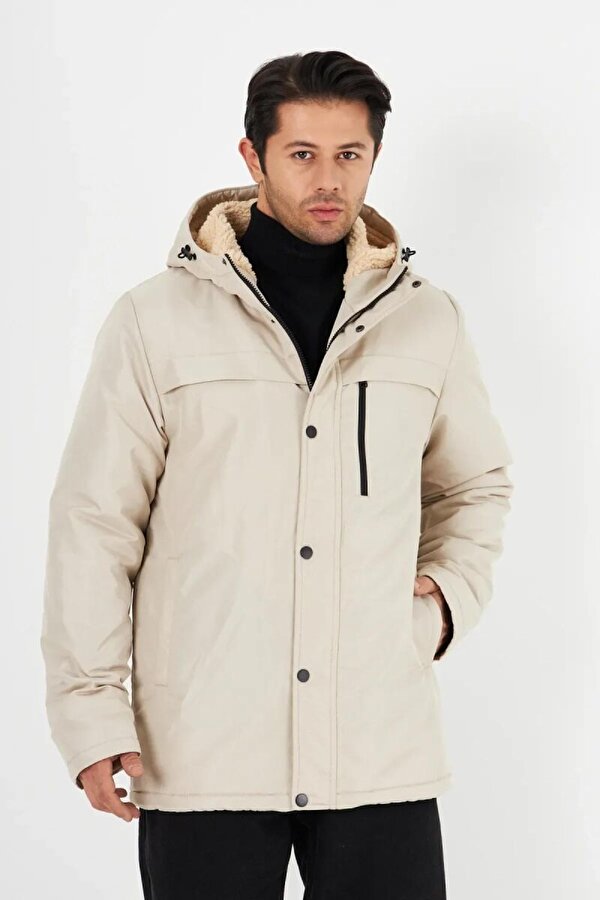 İçi Kürklü Su ve Rüzgar Geçirmez Cepli Kapüşonlu Erkek Mont