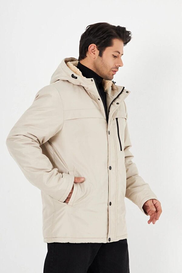 İçi Kürklü Su ve Rüzgar Geçirmez Cepli Kapüşonlu Erkek Mont