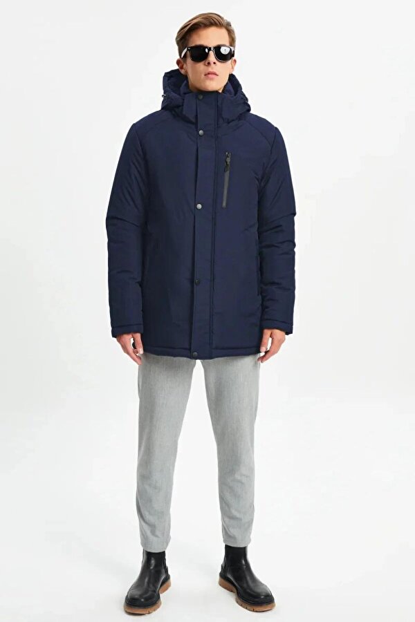 İçi Astarlı Su ve Rüzgar Geçirmez Cepli Kapüşonlu Erkek Mont