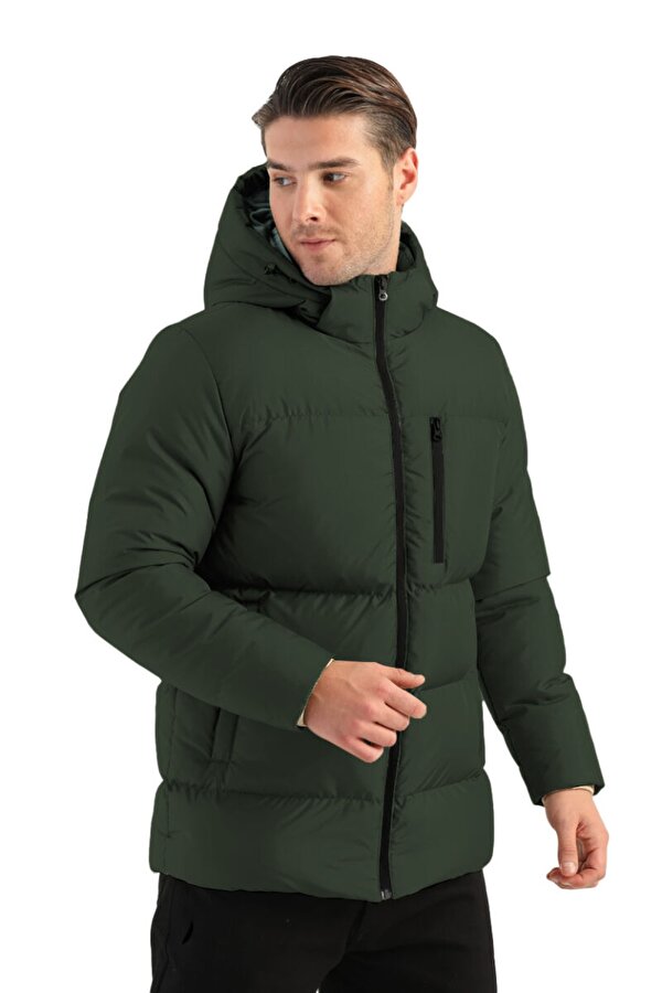 İçi Astarlı Su ve Rüzgar Geçirmez Cepli Kapüşonlu Erkek Mont