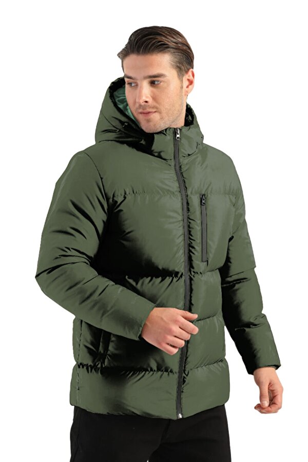 İçi Astarlı Su ve Rüzgar Geçirmez Cepli Kapüşonlu Erkek Mont