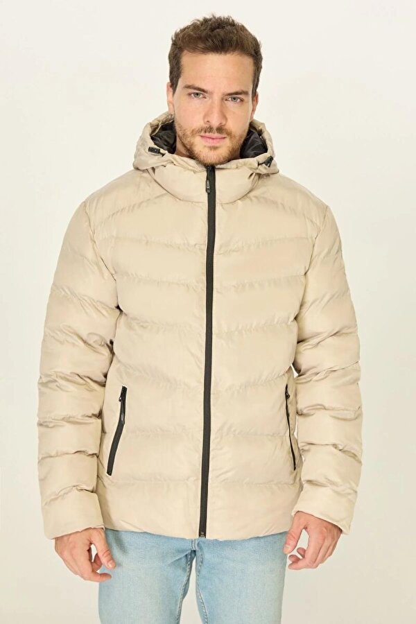 İçi Astarlı Su ve Rüzgar Geçirmez Cepli Kapüşonlu Erkek Mont