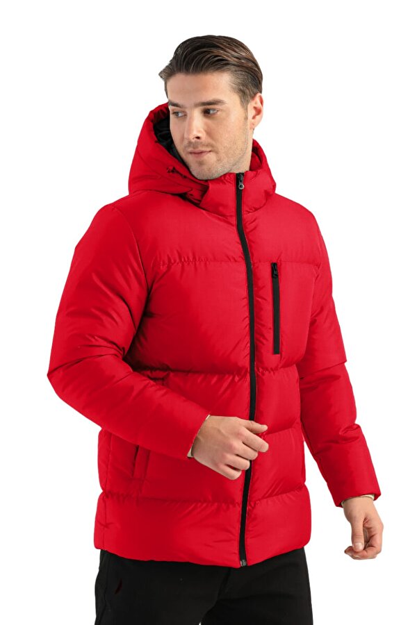 İçi Astarlı Su ve Rüzgar Geçirmez Cepli Kapüşonlu Erkek Mont