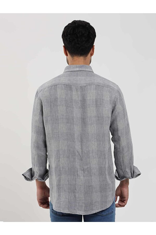Gri Erkek Regular Fit Kareli Düğmeli Yaka Uzun Kol Keten Gömlek