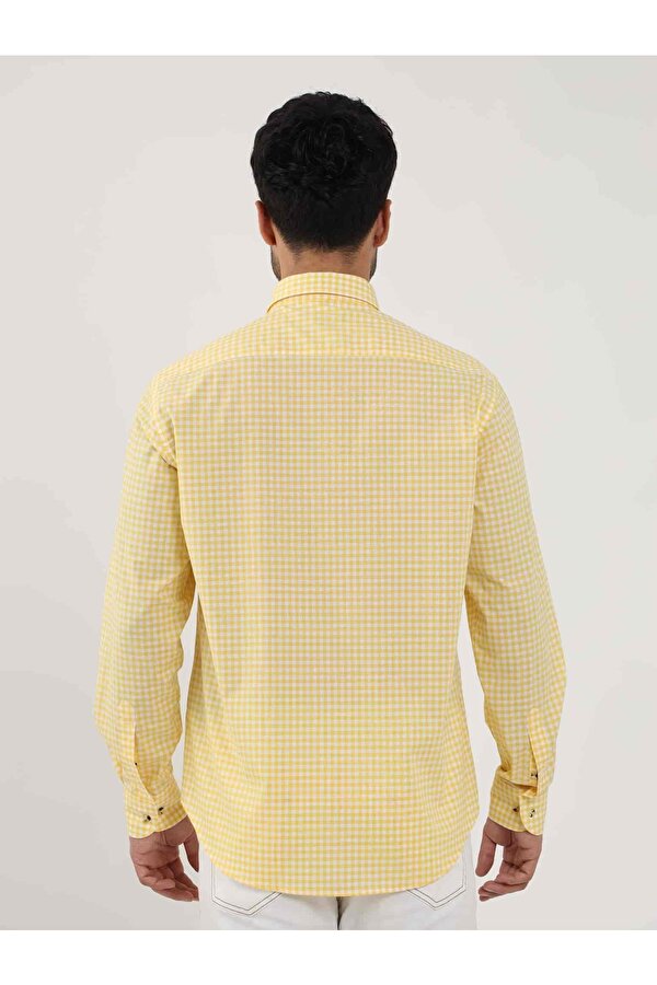 Sarı Erkek Regular Fit Kareli Brent Düğmeli Yaka Uzun Kol Gömlek