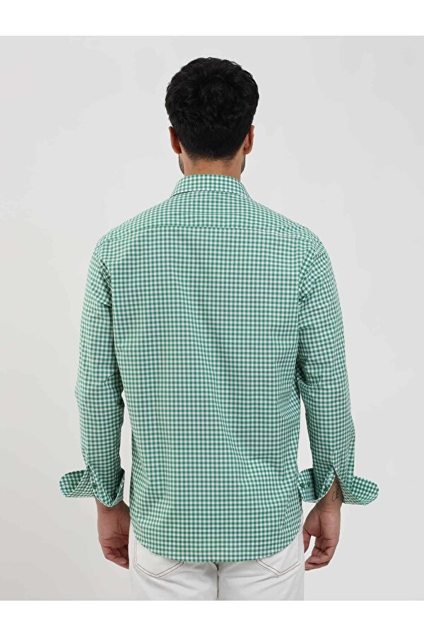 Yeşil Erkek Regular Fit Kareli Brent Düğmeli Yaka Uzun Kol Gömlek