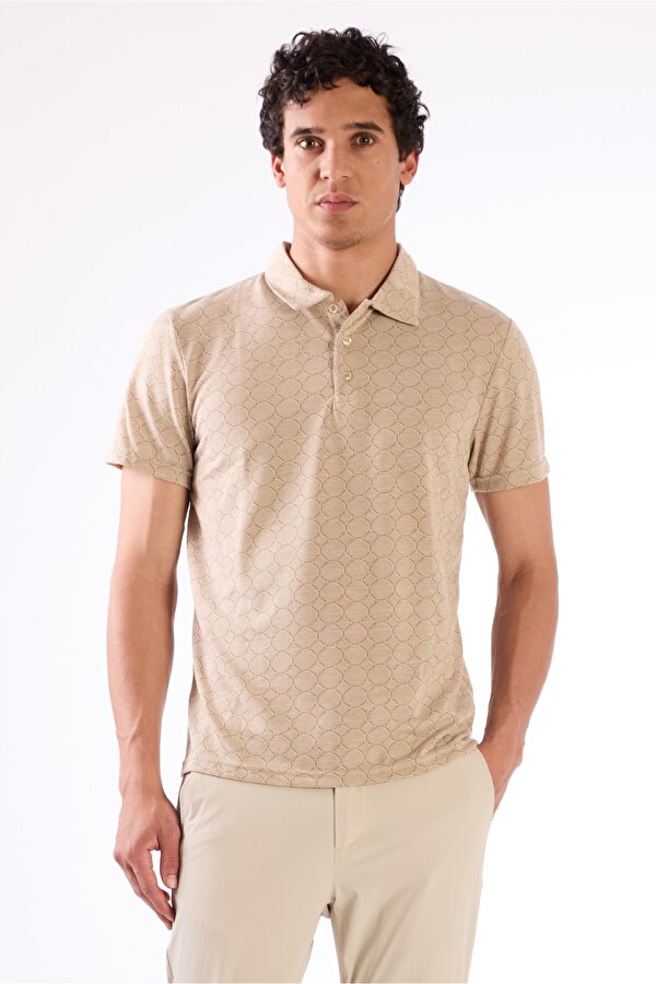 Bej Erkek Slim Fit Jakarlı Polo Yaka T-shirt