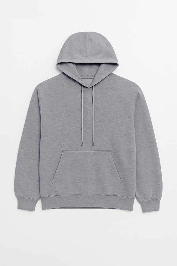 Kadın Kapüşonlu Cepli Gri Sweatshirt