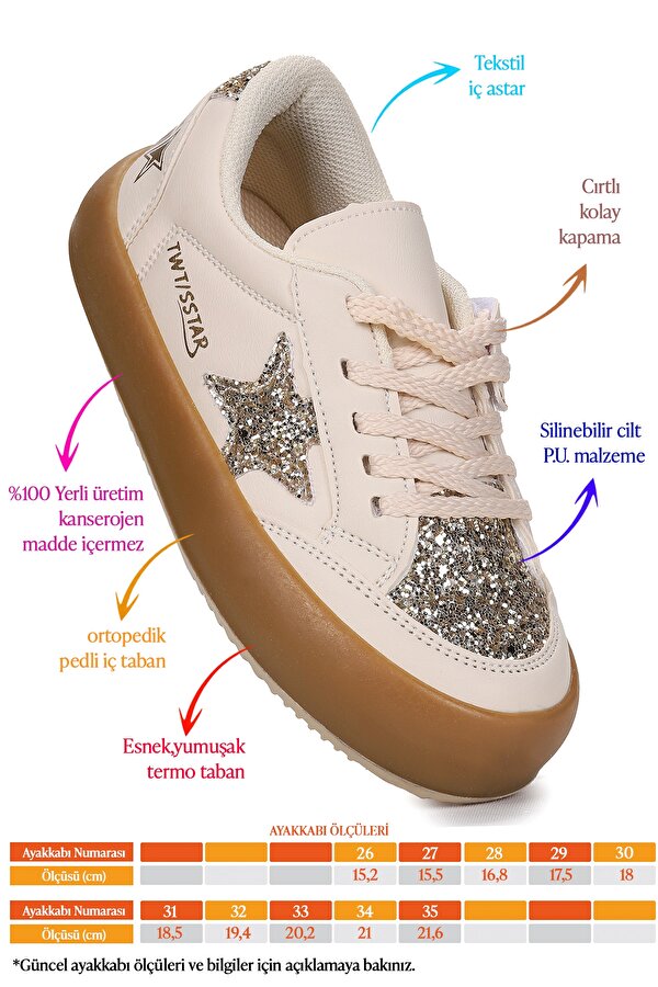 Rida Günlük Bağcıklı Kız Çocuk Spor Ayakkabı Krem - Altın