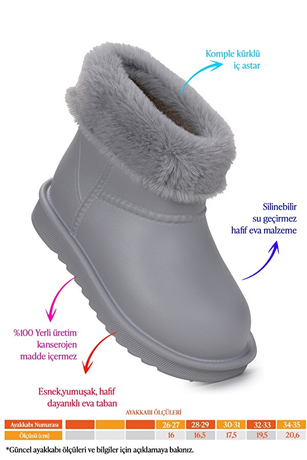 Geta Su Geçirmez İçi Kürklü Kız Çocuk Eva Yağmur Kar Çizme Gri