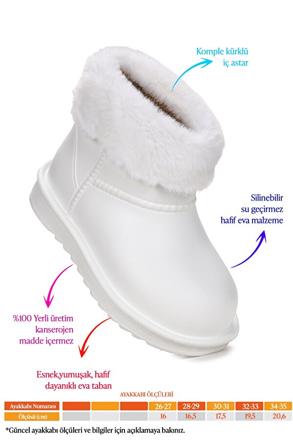 Geta Su Geçirmez İçi Kürklü Kız Çocuk Eva Yağmur Kar Çizme Beyaz