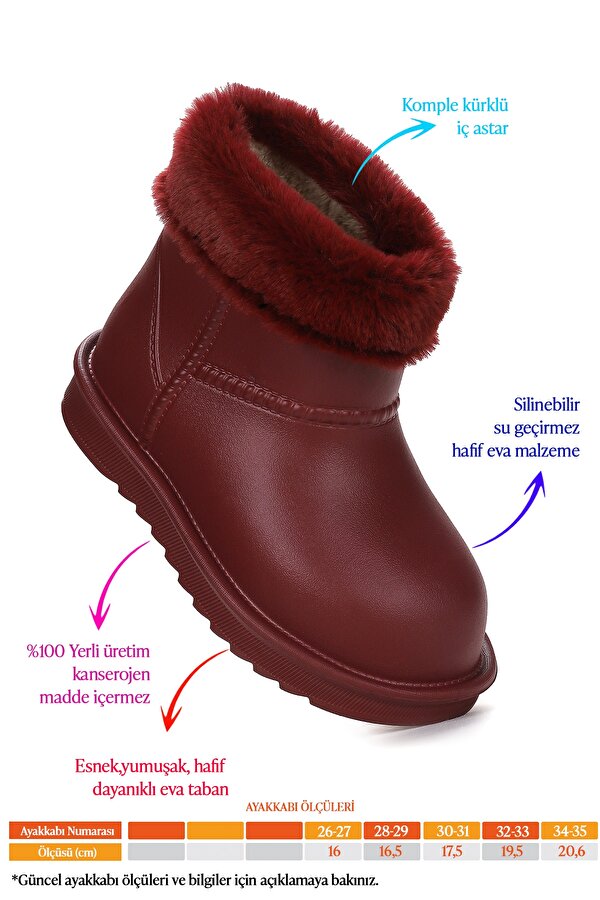 Geta Su Geçirmez İçi Kürklü Kız Çocuk Eva Yağmur Kar Çizme Bordo