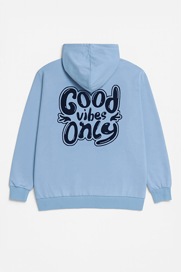 Kadın Kapüşonlu Cepli Yazı Baskılı Mavi Sweatshirt