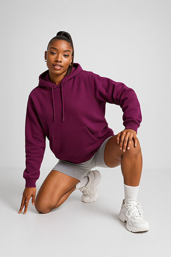 Kadın Kapüşonlu Cepli Mor Polar Sweatshirt