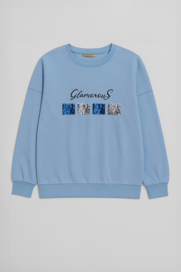 Kadın Bisiklet Yaka Pul Detaylı Mavi Sweatshirt