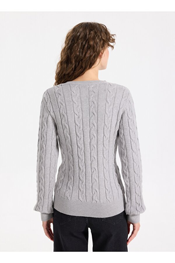 V Yaka Basic Saç Örgü Desenli Gri Melanj Kazak Kadın J5WL-KZK7129