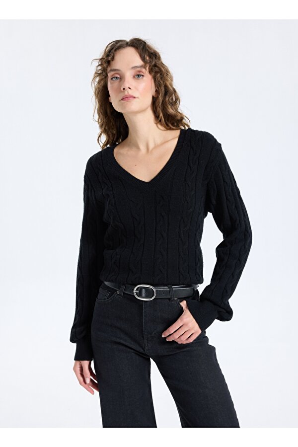 V Yaka Basic Saç Örgü Desenli Siyah Kazak Kadın J5WL-KZK7129